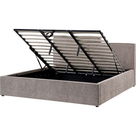 Ottoman Bed Beige Fabric Upholstery EU Super King Size Asymetrical Headboard Storage Function Scandi LAGARDE