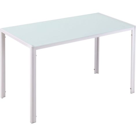 Table à manger pour 4 personnes, table de cuisine avec plateau en verre trempé et pieds en métal, 120x60x75cm, blanc (1/4)