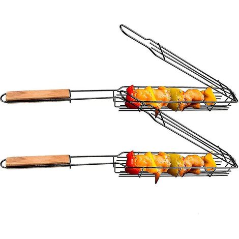 Grille pour barbecue, lot de 2 paniers à brochettes antiadhésifs avec poignée en bois résistant à la chaleur, pour légumes, crevettes et fruits de mer.
