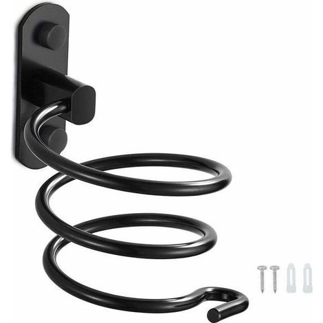 Hair Dryer Holder, Wall-Mounted Aluminum Hair Dryer Holder, Cable Holder for Kitchen, Bathroom, Bathroom Accessories (Black) (1/4)