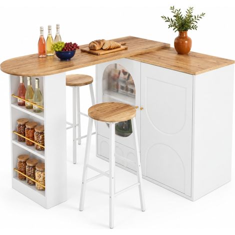 ELVMI Set Tavolo e Sgabelli da Bar con 1 Tavolo da Cucina e 2 Sgabelli, Contenitore, MDF e Metallo, Bianco (1/5)