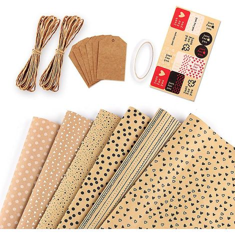 Ensemble de papier cadeau kraft à motifs pour anniversaire - 8 rouleaux de 50 x 70 cm chacun + 2 morceaux de ficelle pour emballer les cadeaux (1/5)
