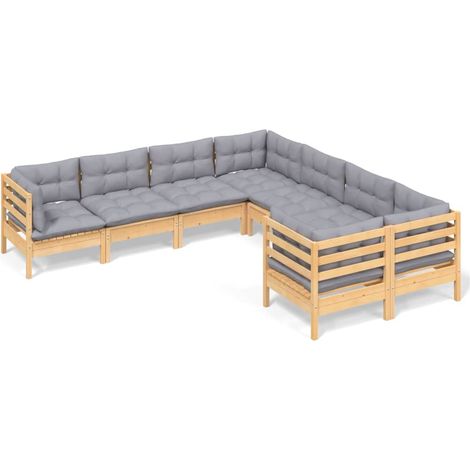 INLIFE Salon de jardin 8 pcs avec coussins gris Bois de pin solide (1/5)