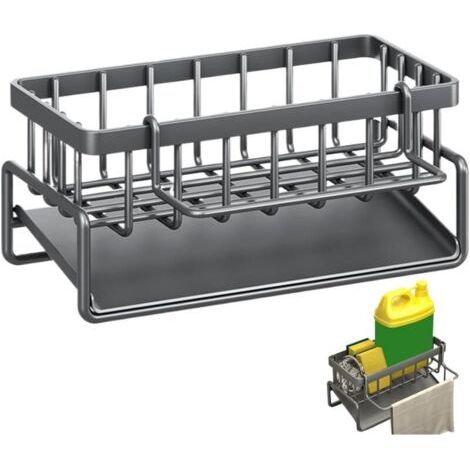 Organiseur d'évier de Cuisine Porte-éponge en Acier Inoxydable Rangement Eponge Cuisine Accessoires de Cuisine avec Plateau de Vidange et Porte-Serviettes