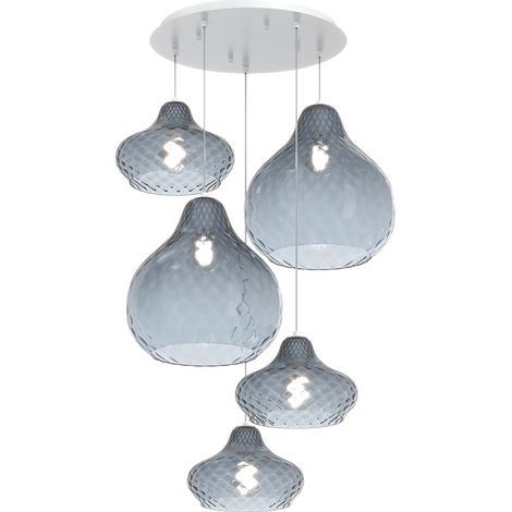 Lampadario Contemporaneo Dress Metallo Bianco Vetro Blu 5 Luci E27