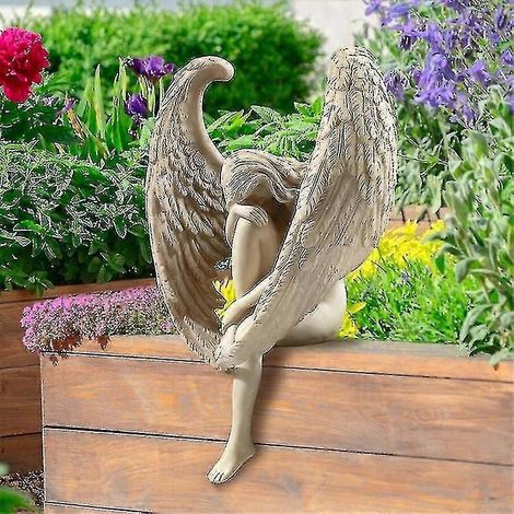 Statue d'ange affligé aux longues ailes, figure d'ange triste, cadeau commémoratif, statues de cimetière, ange en pleurs (1/4)