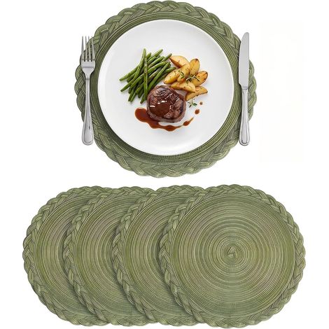 Set de 4 sous-Plats Ronds Tressés Verts Isolants 30 cm Forme Ronde (1/5)