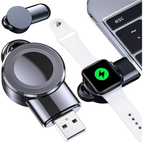 Mini caricabatterie induttivo per Apple Watch con ricarica USB, chip Alogy di alta gamma, colore nero. (1/4)