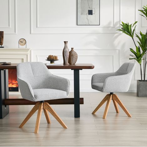 Lot de 2 chaises de salle à manger grises en tissu avec pivot 360° et pieds en chêne massif – H 82 cm (1/5)