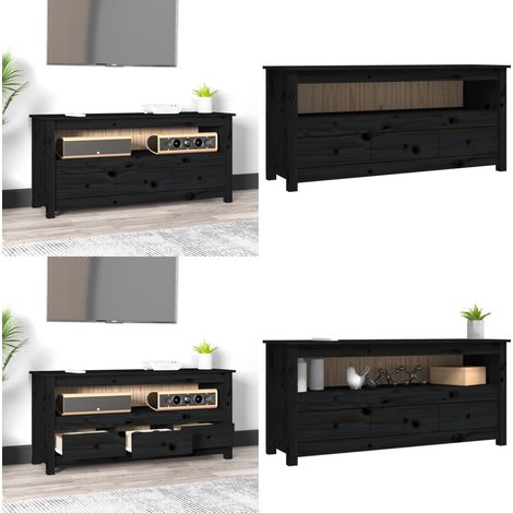 Meuble TV Noir 114x35x52 cm Bois de pin massif - Meubles Tv - Meuble Tv - Meuble Tv Bois - Meuble Tv Industriel - Meuble Tv Campagne - Home & Living