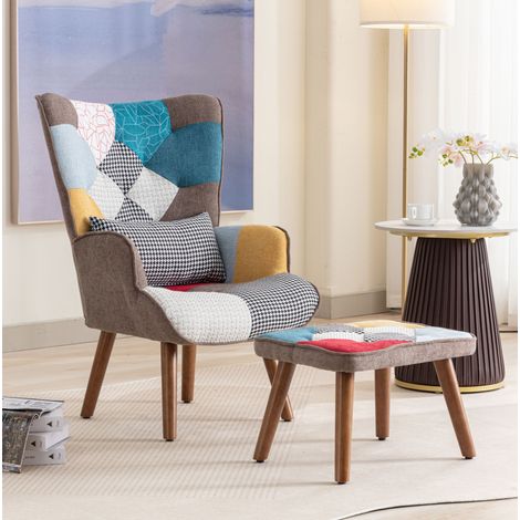Bunter Relaxsessel mit Hocker, 69 x 95,5 x 51 cm, Massivholz und Eisen (1/5)