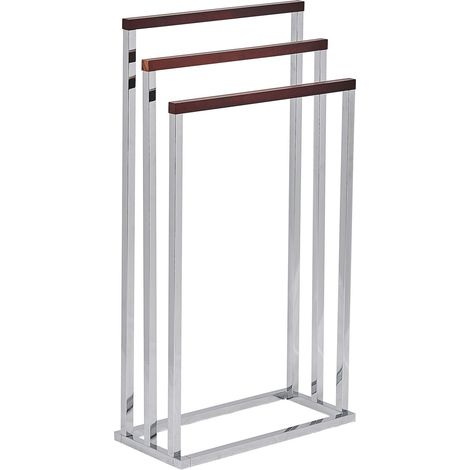 Toallero de metal plateado madera oscura 3 rieles accesorio de pie moderno baño Charras (1/5)