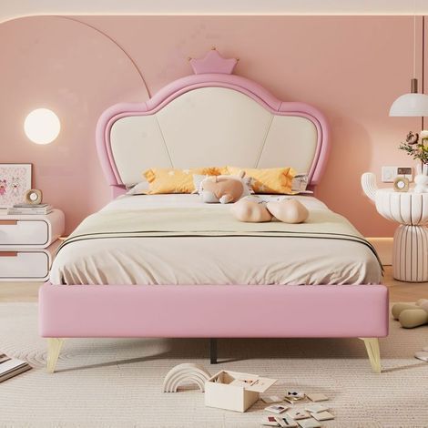 Lit Rembourré Enfant 90x200cm Couronne Princesse PU Rose Blanc Bords Doux - Lit Enfant - Sommier à Lattes Inclus Pieds Métal (1/5)