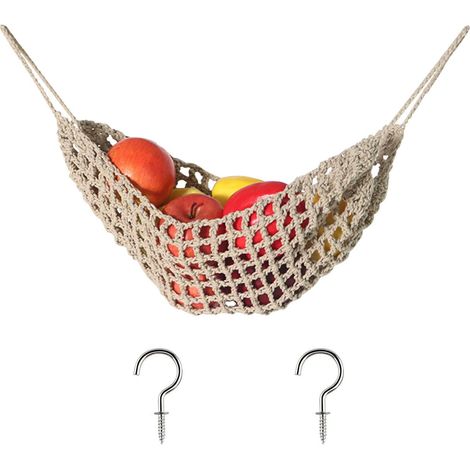 Panier Suspendu En Macramé - Coton Naturel Tressé À La Main - Rangement Sous Meuble Pour Cuisine - Gain De Place Pour Fruits Et Légumes - 1 Unité Avec 2 Crochets (1/5)