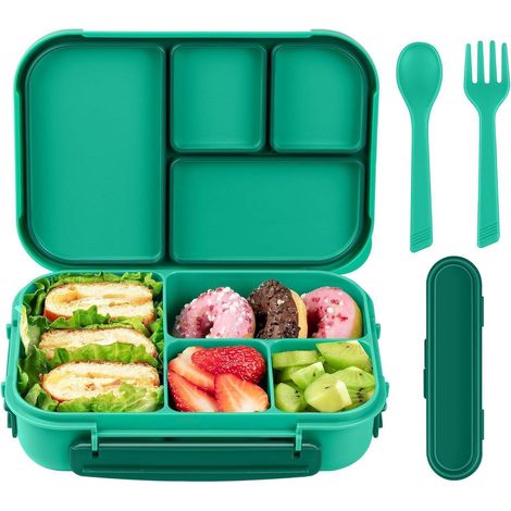 Amathley Brotdose Kinder Bento Box 1200ml 4 Fächer Besteck Grün (1/5)
