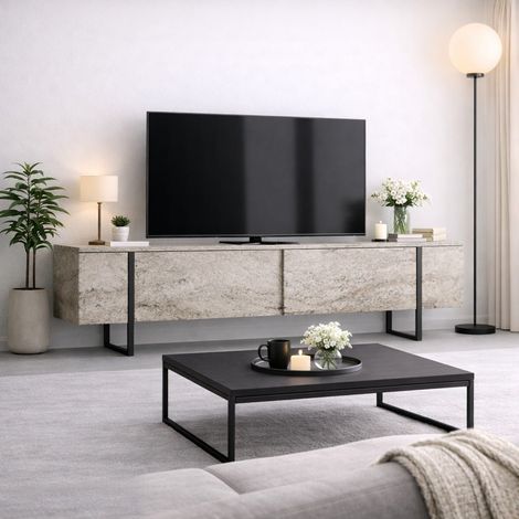 TV-Möbel Travertin Luxus 180x50x30 - Schwarzer Rahmen