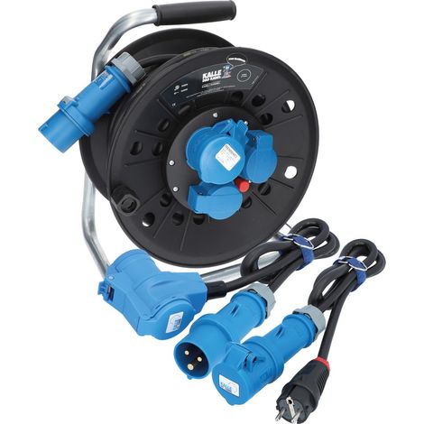 KALLE DAS KABEL Campingkabeltrommel CEE 230V 16A 2,5 mm²  IP44 25 Meter IP44 Set Anschlussltg. Winkel 1,5 m + Adapterltg. 1,5 m