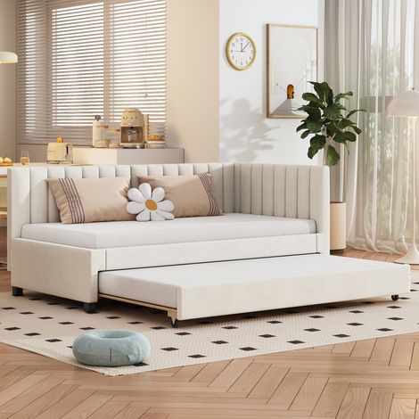 DESMIU Lit gigogne 90 × 200 cm 1 place avec couchage d'appoint, sans matelas, en velours beige (1/5)