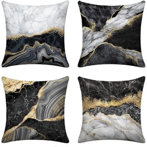 Lot de 4 housses de coussin – Noir – 45x45 cm – Texture marbre – Imitation daim – Recto imprimé (1/4)