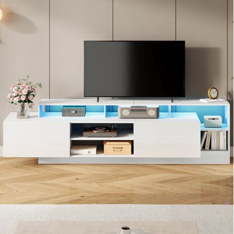 TV-Lowboard aus Spanplatte in Weiß, 190 x 40 x 48,5 cm, Hochglanz-Front, LED-Beleuchtung, 2 Klapptüren, offenes Mittelfach (1/5)