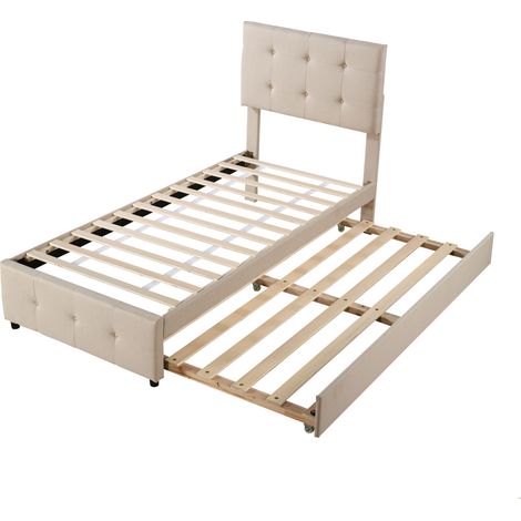 Cama infantil capitoné 90 x 200 cm con cama nido, cabecero регулируable, beige (1/5)