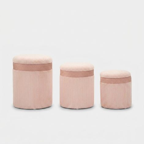Set 3 Pouf Contenitore Cortina Rosa - Set 3 pezzi in MDF e tessuto con spazio interno, design moderno, pratico e salvaspazio (1/5)
