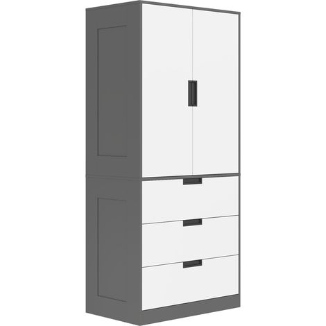 Armoire chambre penderie avec 2 portes à fermeture douce, 3 tiroirs et barre de suspension, 80x50x180cm, gris et blanc