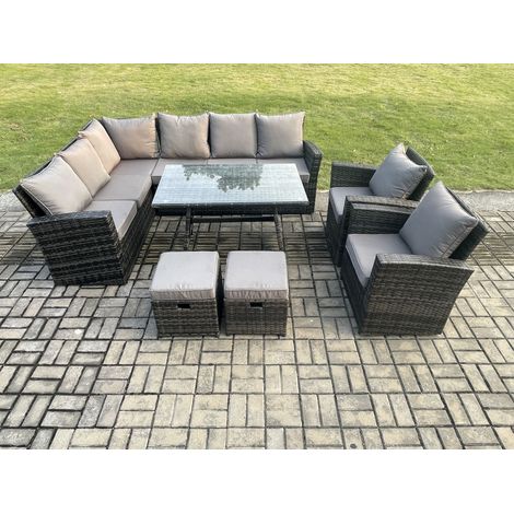 Fimous Hoher Rücken Rattan Gartenmöbel Set Polyrattan Ecksofa Esstisch Set mit Sesselns 2 kleine Fußhockern 10 Sitzer Dunkelgrau gemischt Linke Ecke
