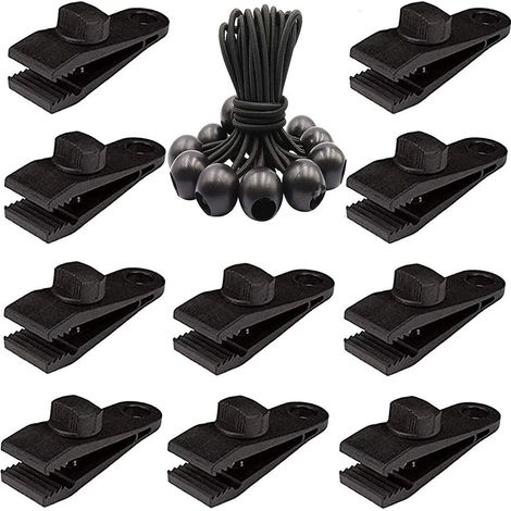 Lot de 10 pinces pour bâche (comprend 10 tendeurs élastiques) — Ouverture de 5 mm — Convient pour le camping, les tentes, les auvents et les couvertures de piscine (1/5)
