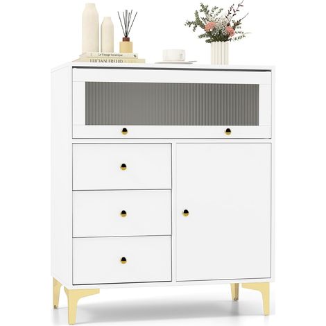 Costway – Commode de rangement 3 tiroirs – Buffet avec porte en verre strié – Pieds métalliques dorés – Kit anti-basculement – Armoire pour chambre, entrée, gris (1/5)