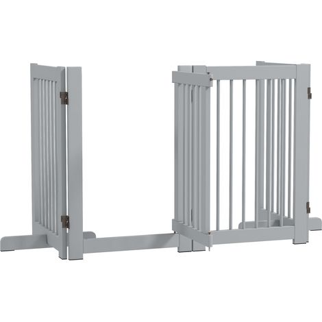 Absperrgitter Hund 4-teilig, 204 x 75 cm Faltbar Türschutzgitter mit Tür, Freistehend Hundegitter mit 2 Stützfüßen, Treppengitter aus Holz für Flur, Küche, Treppe, Hellgrau