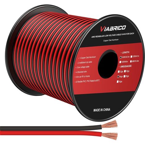 Fil électrique - 14 AWG - 2 x 2,0 mm² - Câble d'alimentation à 2 fils - 5 V/12 V/24 V - Câble d'alimentation en aluminium plaqué cuivre - Flexible et doux - Faible impédance (1/5)