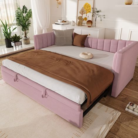 Bett Polsterbett ausziehbar 90x200 Samt Rosa OKMYHOME