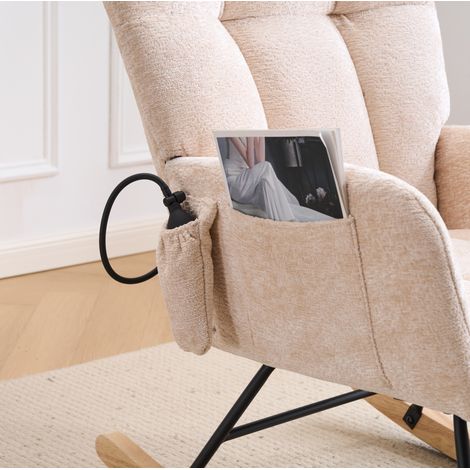 Fauteuil à bascule 63x92x89 cm en tissu chenille beige avec rangement, pour salon, stable – MEUBLIV (1/5)