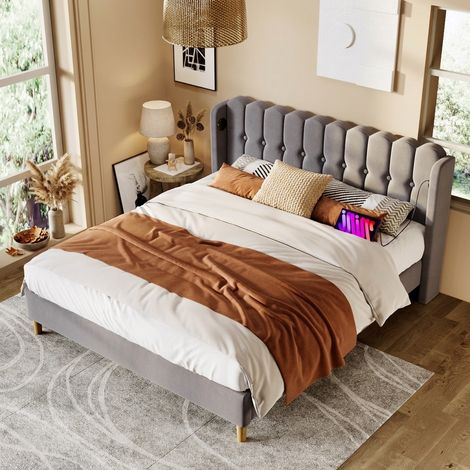 Letto matrimoniale imbottito 193x208x103 cm, con USB e porta Type C, testiera a pannello, lino grigio (1/5)