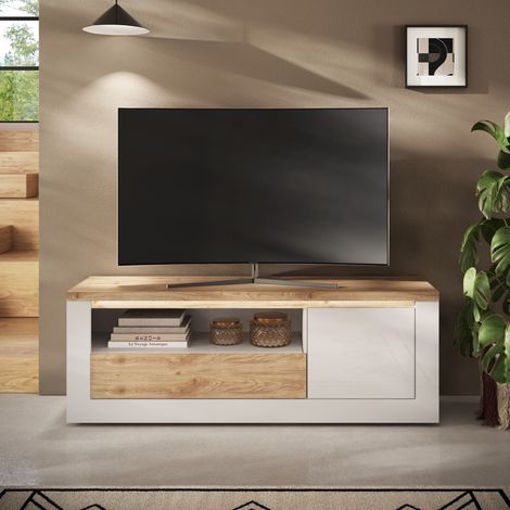 Meuble tv moderne laqué blanc et bois + led 160cm ARIA