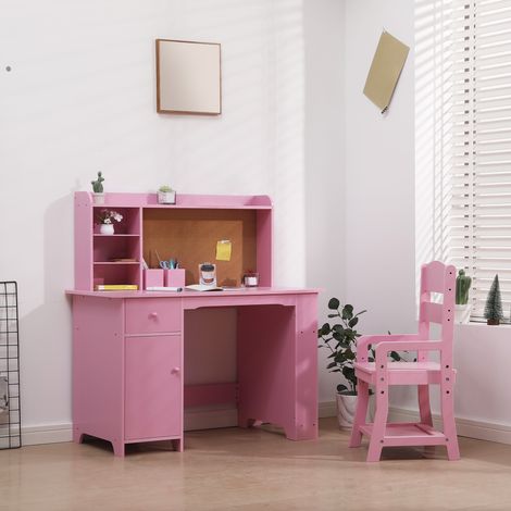 Ensemble bureau et chaise pour enfants – Bois solide, étagère de rangement, tableau d'affichage, armoires – Idéal étude et dessin 3-8 ans – Rose (1/5)