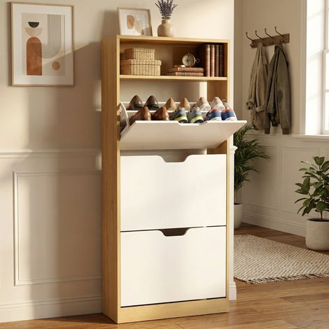 Meuble à Chaussures 3 Abattants, avec Cloison Amovible, Compartiment Ouvert, 24 x 60 x 139 cm, Jaune et Blanc (1/5)