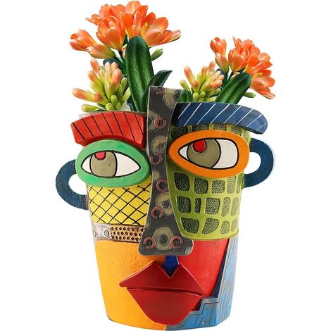 Pot de fleurs artistique - Tête humaine - Décoration de jardin - Résine résistante aux intempéries - 15 x 18 x 18,5 cm - Couleur 1 (voir photo) (1/5)