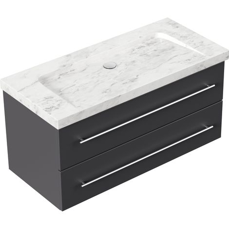Badmöbel Marmor Carrara White Damo 100 cm ohne Hahnloch SoftClose anthrazit (1/5)