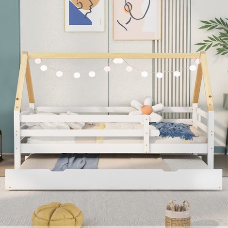 Eifson – Lit cabane 90x190 / 90x200 cm – Lit enfant avec lit gigogne – Bois massif blanc – Conception sécurisée avec roulettes – Pour 2 enfants