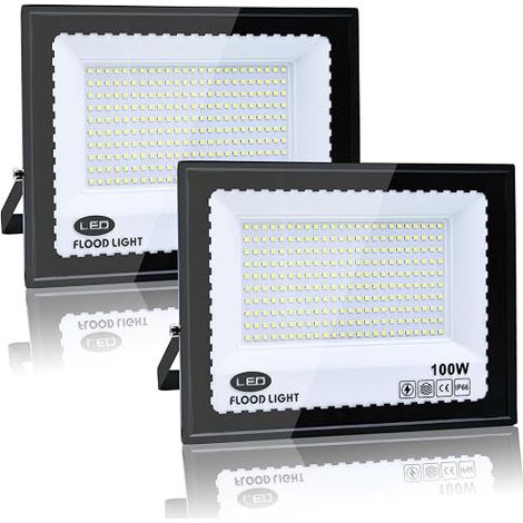 2 x 100 W Cool White 6500 K LED Floodlight, 10000 LM Outdoor LED Spotlight IP66 Waterproof, for Gardens, Yards, Garages, Roofs, Terraces, Parkings, Places and Docks (1/5)