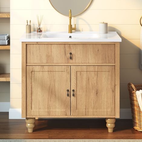 Modernluxe - Meuble sous-vasque sur pied 81 cm - Vasque en céramique - Poignées rétro - 1 tiroir basculant et 2 portes - Naturel (1/5)