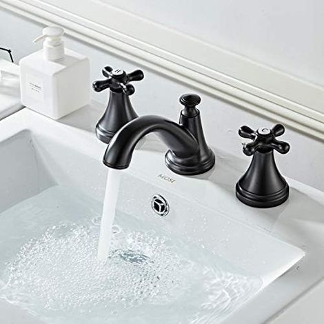 Robinet lavabo 3 trous 2 poignées – Style classique finition chrome brillant – Pour lave-mains et lavabo(Noir) (1/5)