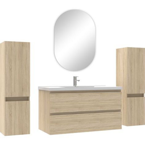 Ocean ensemble meubles Salle de Bain avec colonne + miroir ovale mural 100cm meuble Chêne Wotan