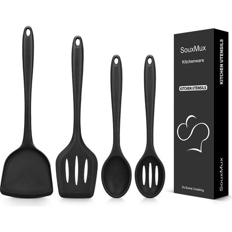 4 Ustensiles de Cuisine en Silicone, Spatules pour Wok, Cuillères à Soupe, Ustensiles de Cuisine Antiadhésifs Sans BPA, Résistants à la Chaleur, pour Frire, Mélanger, Servir, Remuer (1/5)