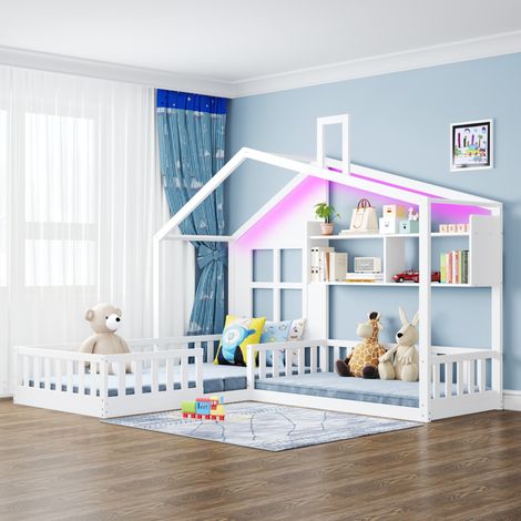 Lit enfant cabane 90 x 200 cm en bois avec LED, rangements et barrière de sécurité (1/5)