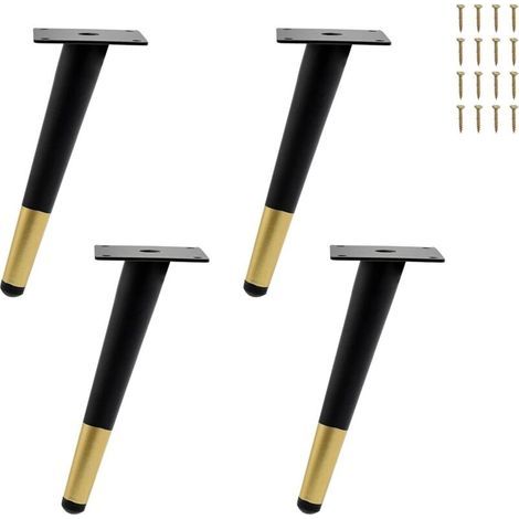 Lot de 4 pieds de meubles en métal noir et doré, pieds de rechange de 20 cm de long pour supports TV, meubles bas et armoires. (1/5)