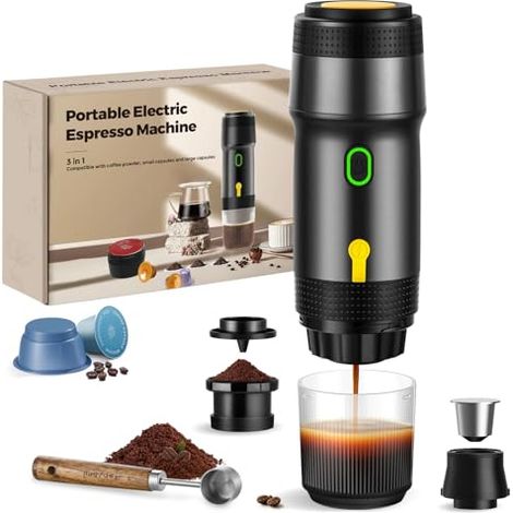 Cafetera portátil 3 en 1, 20 bares, 92 °C de extracción, 7500 mAh, carga USB/12 V para coche, cafetera espresso para cápsulas y café molido (negra)