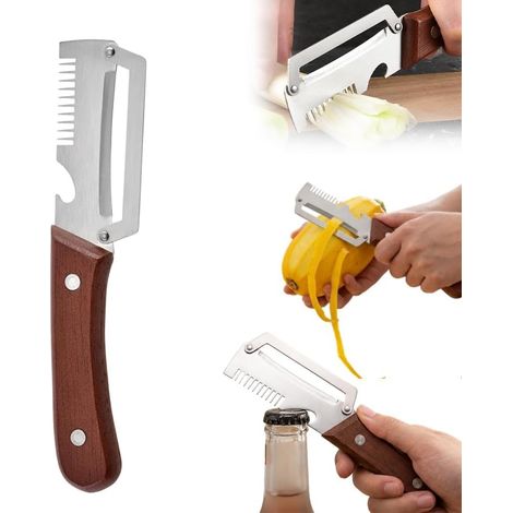 Éplucheur 3-en-1 avec Manche en Bois – Ustensile Multifonction en Acier Inoxydable, Coupe-Légumes Julienne et Décapsuleur, Économe Ergonomique pour Pommes de Terre, Carottes, Pommes, Kiwis (1 PC) (1/5)